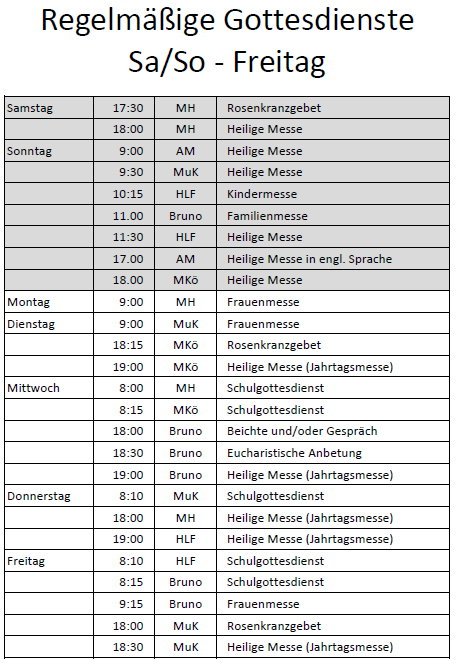 Regelmäßige Gottesdienste - zeitlich nach Wochentagen geordnet (c) RN